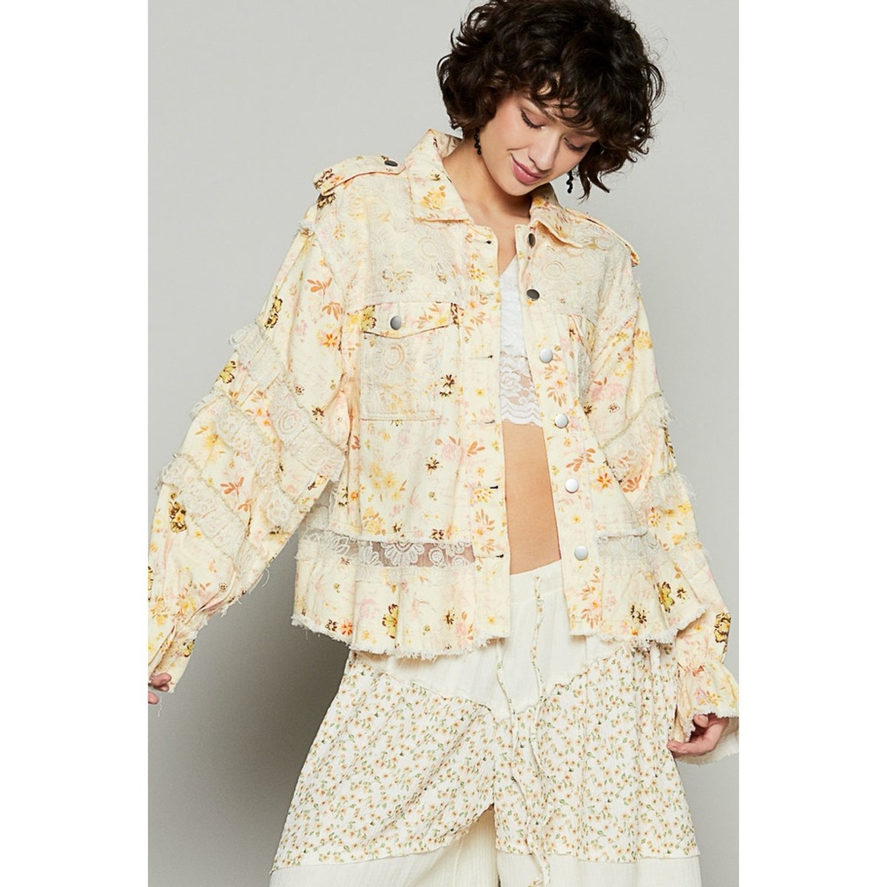POL Cream Floral Twill and Lace Patchwork Jacket | Button Front - Picture 2 of 9